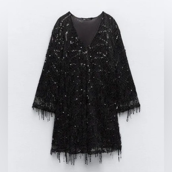 Zara FRINGED SEQUIN MINI DRESS. Black. Size S. New with Tags. - Picture 9 of 10